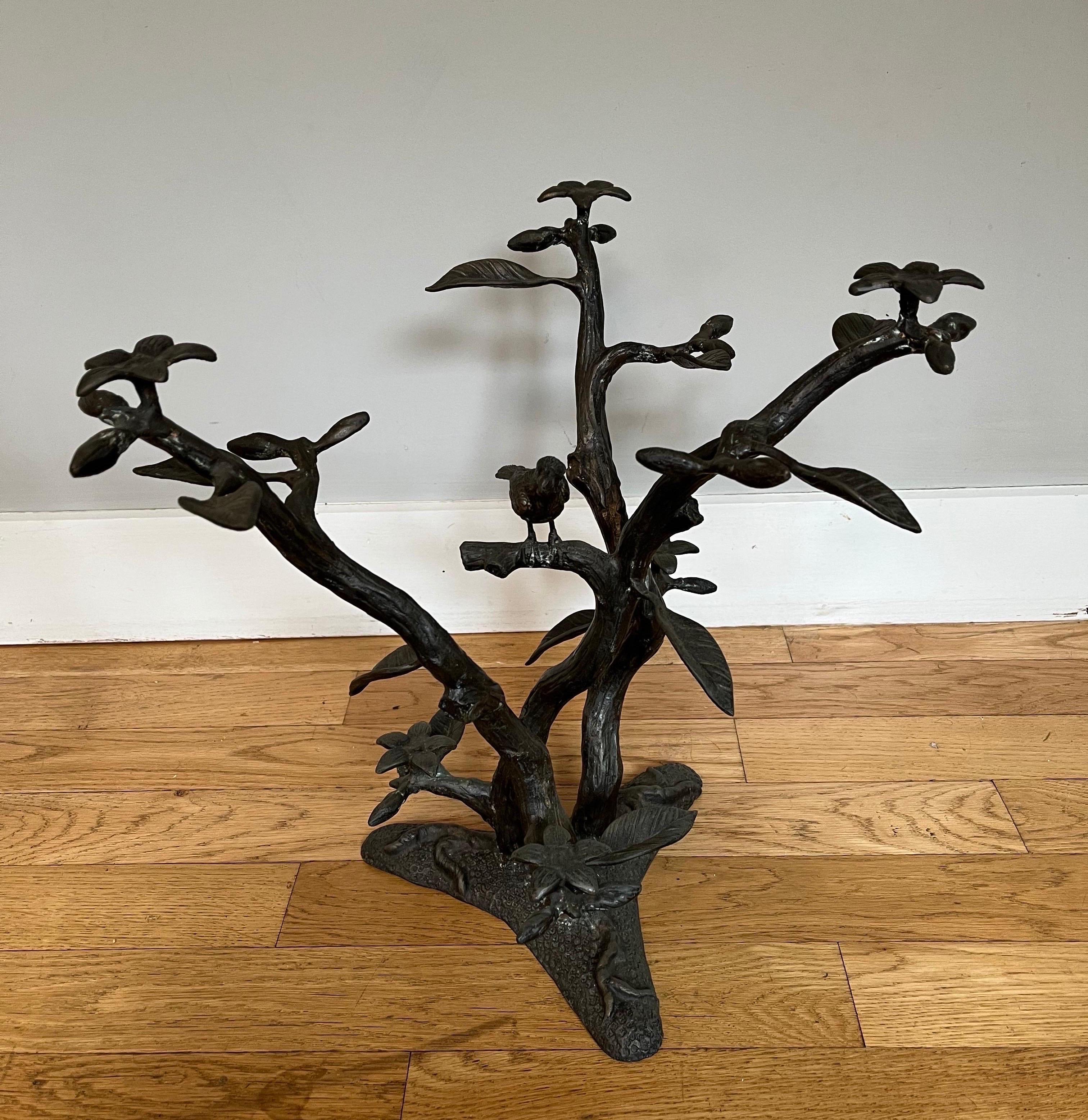Willy Daro Brass & Glass Tree & Bird Sculptural End Table 1