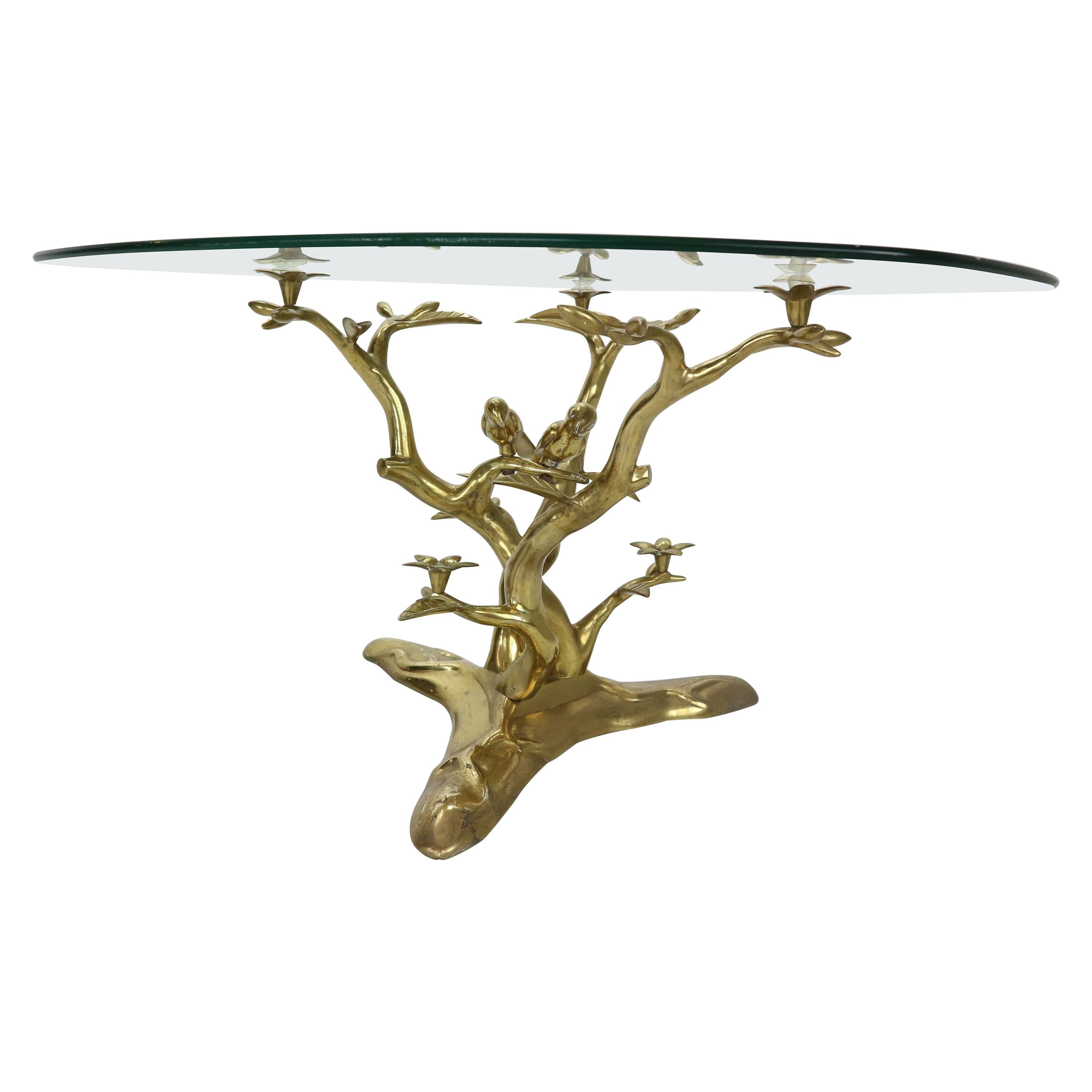 Willy Daro Brass & Glass Tree & Birds Sculpture Coffee Table, 1970s, Belgium