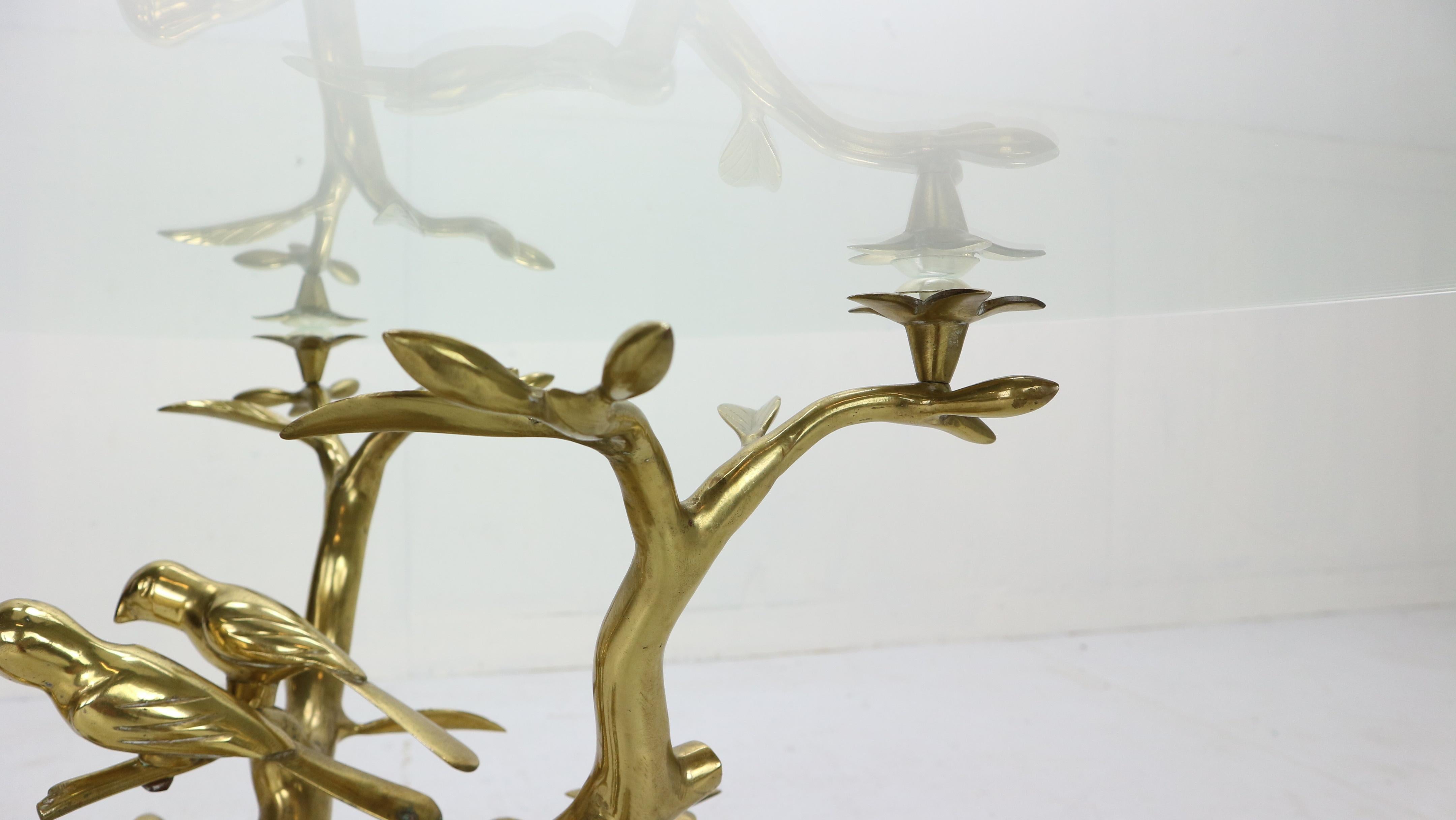 Willy Daro Brass & Glass Tree & Birds Sculpture Coffee Table, 1970s, Belgium 4