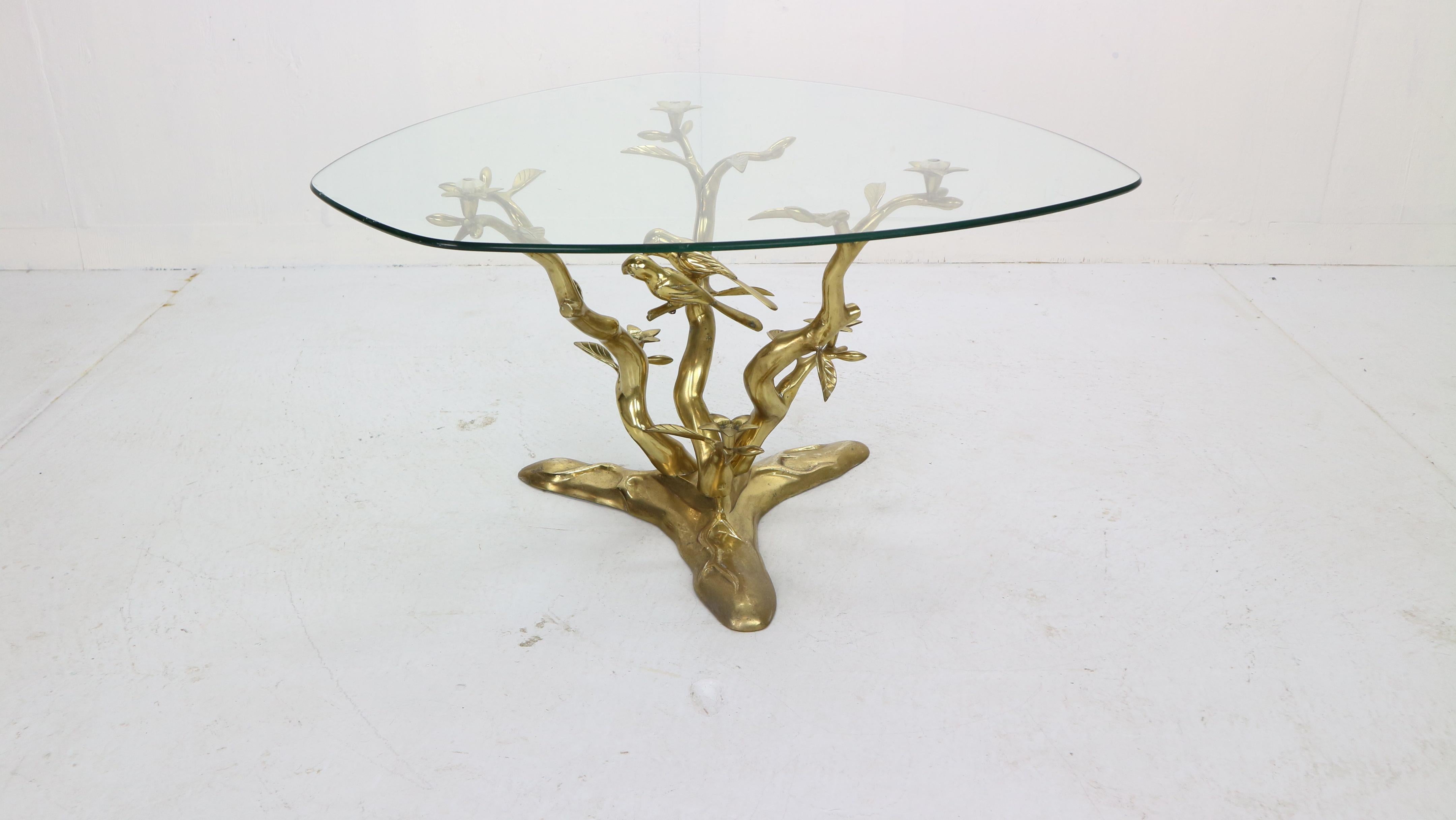 Hollywood Regency Willy Daro Brass & Glass Tree & Birds Sculpture Coffee Table, 1970s, Belgium