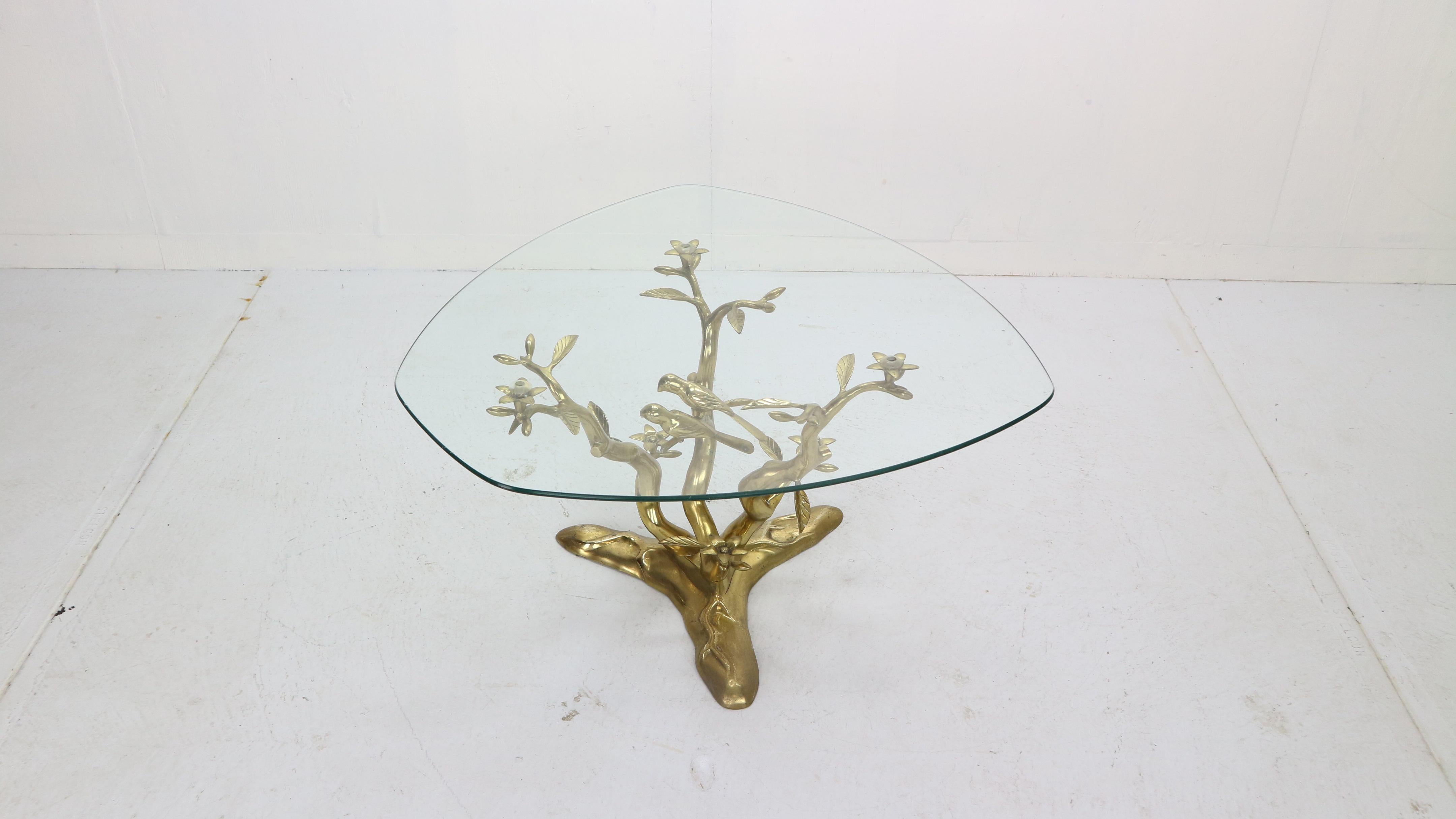 Belgian Willy Daro Brass & Glass Tree & Birds Sculpture Coffee Table, 1970s, Belgium