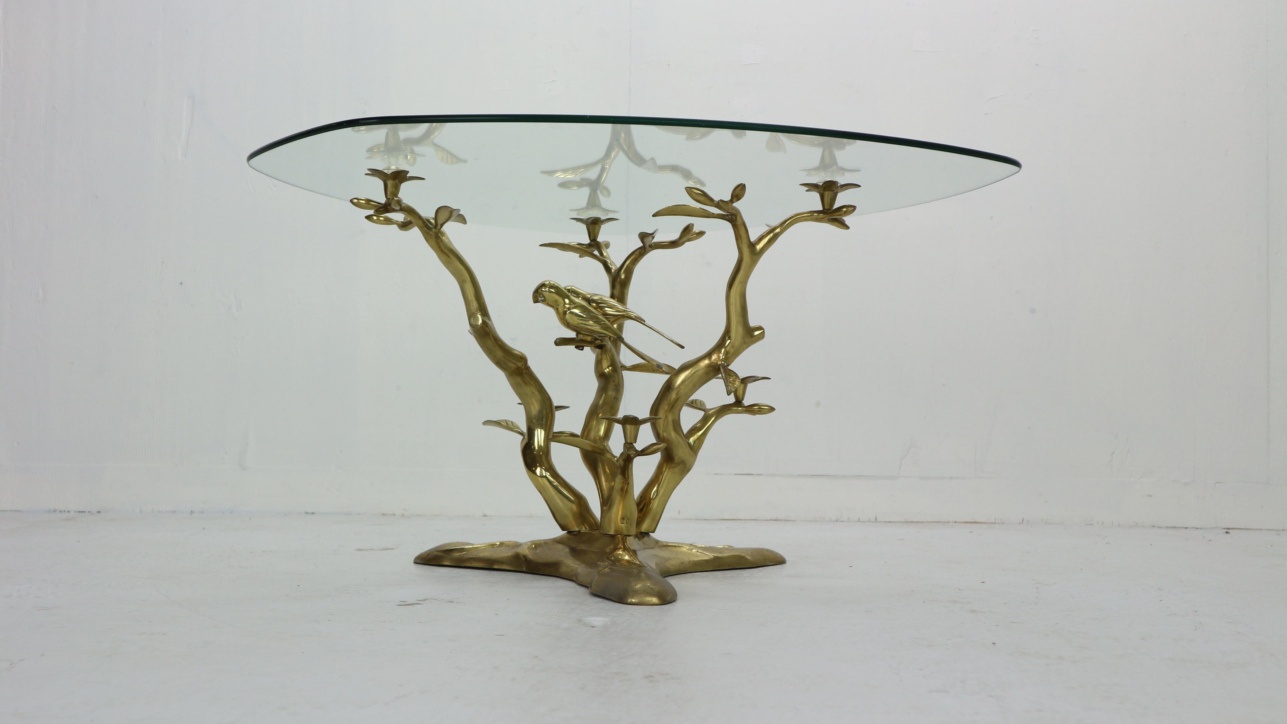 Late 20th Century Willy Daro Brass & Glass Tree & Birds Sculpture Coffee Table, 1970s, Belgium