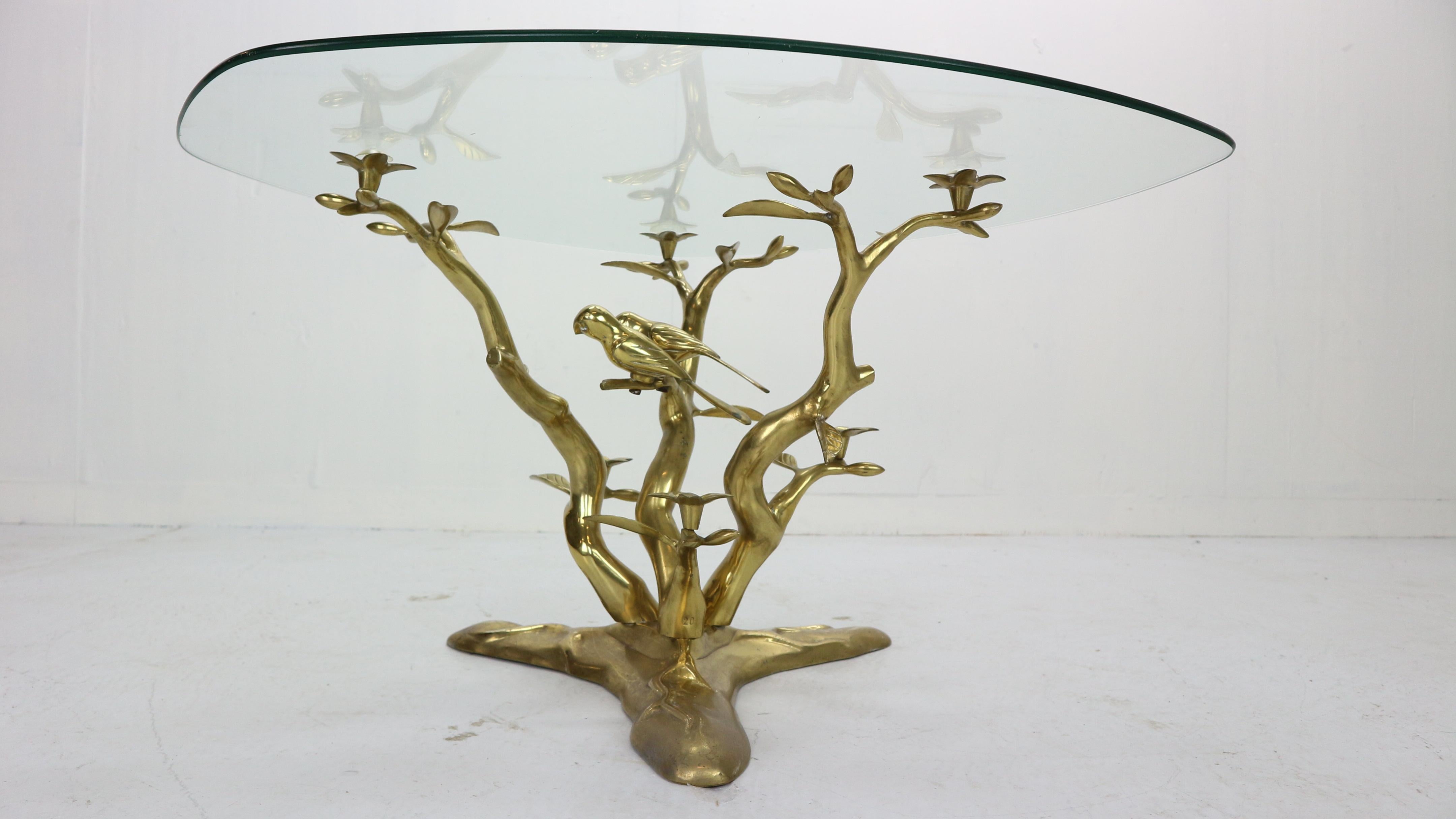Willy Daro Brass & Glass Tree & Birds Sculpture Coffee Table, 1970s, Belgium 1