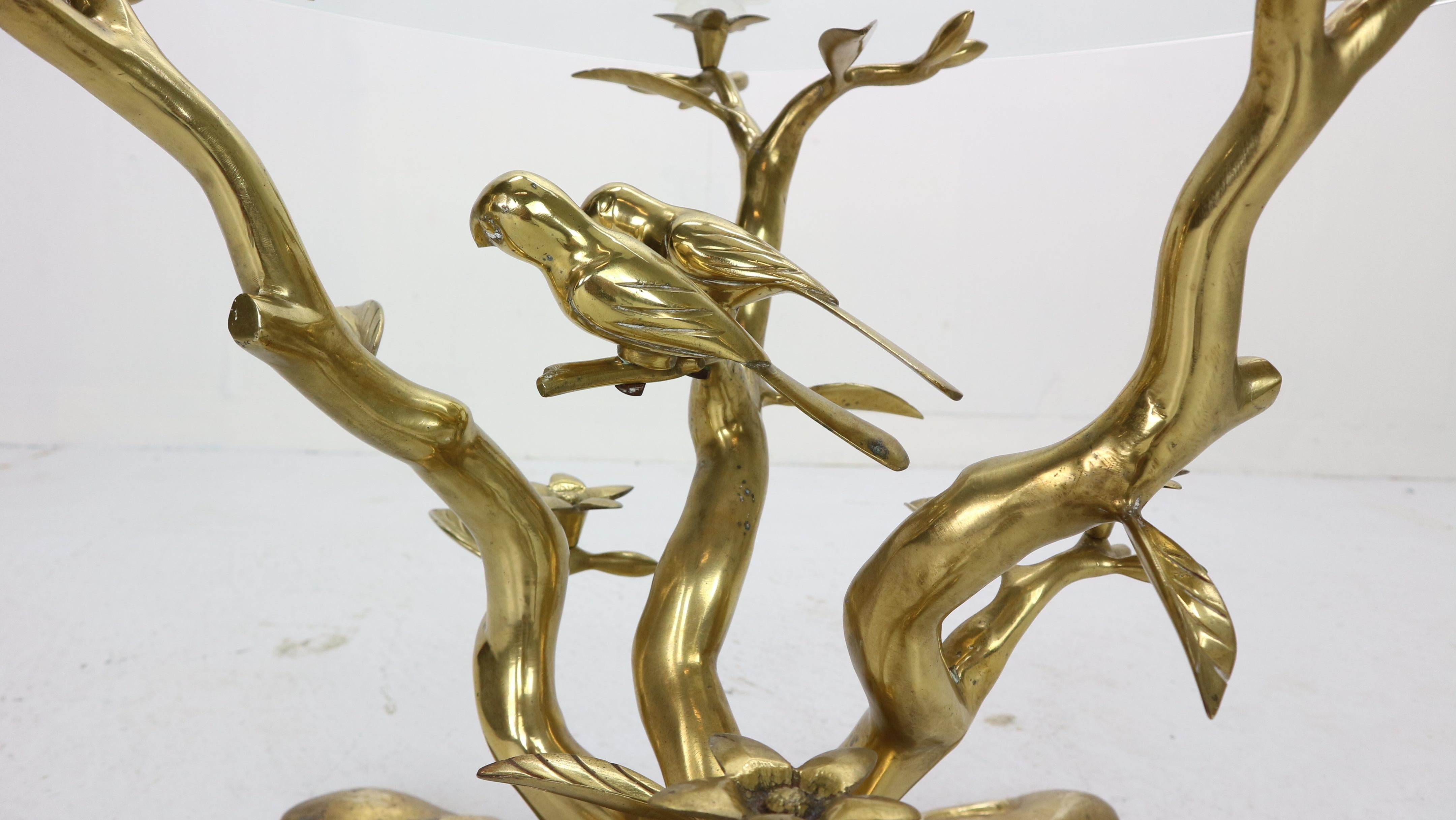 Willy Daro Brass & Glass Tree & Birds Sculpture Coffee Table, 1970s, Belgium 3