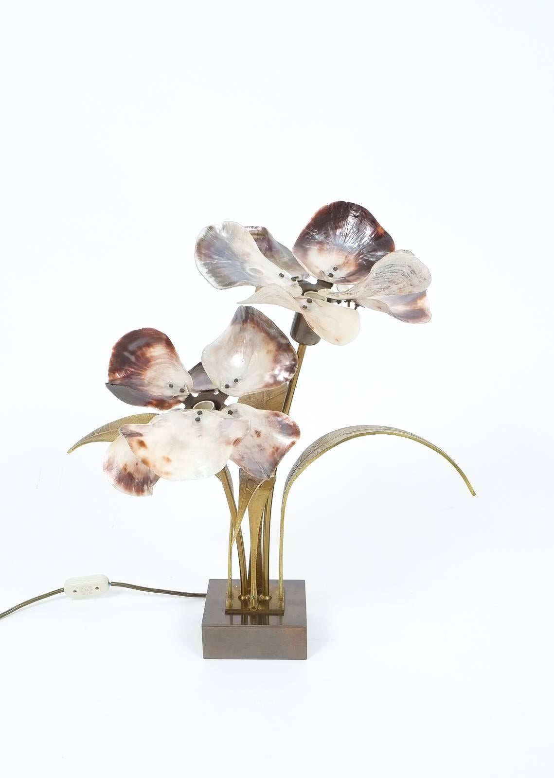 Willy Daro Bronze and Brass Capiz Shell Lamp, circa 1965 1