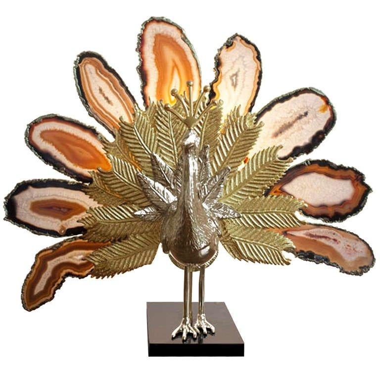 Willy Daro Bronze Peacock Lamp with Agate Stones In Excellent Condition For Sale In New York, NY