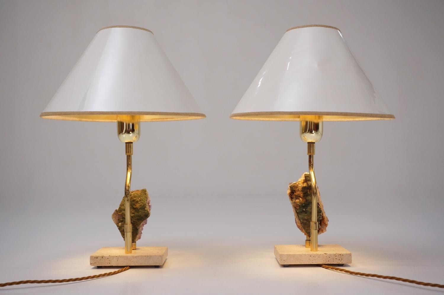 Willy Daro Lamps, a Pair with Brass Frames Holding Amethyst Crystals For Sale 4