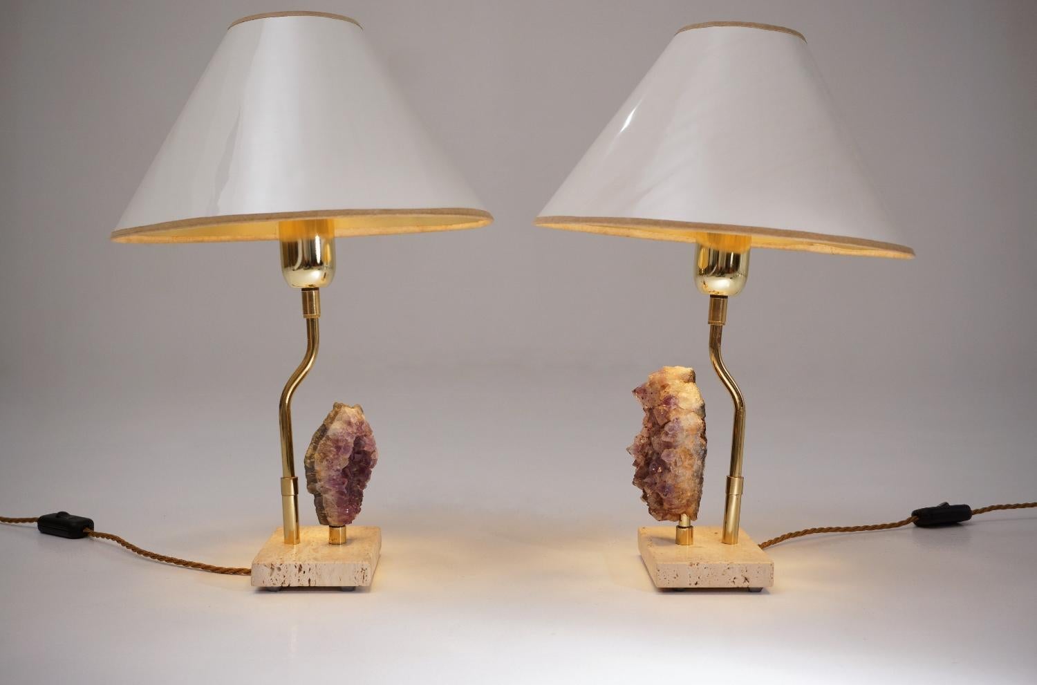 Willy Daro Lamps, a Pair with Brass Frames Holding Amethyst Crystals For Sale 5