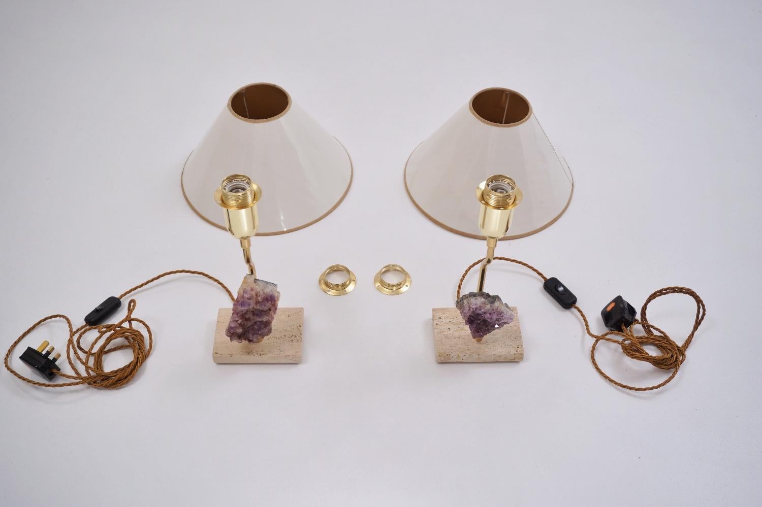 Willy Daro Lamps, a Pair with Brass Frames Holding Amethyst Crystals For Sale 6