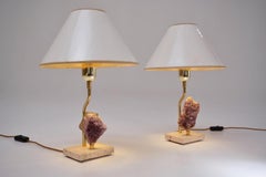 Willy Daro Lamps, a Pair with Brass Frames Holding Amethyst Crystals