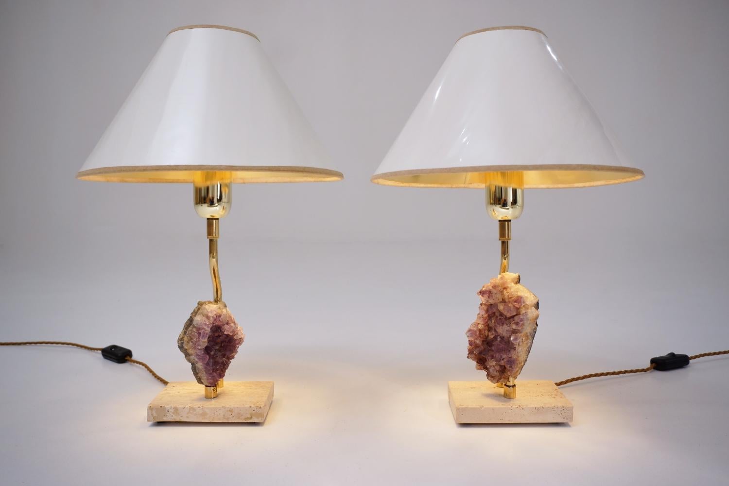 Late 20th Century Willy Daro Lamps, a Pair with Brass Frames Holding Amethyst Crystals For Sale