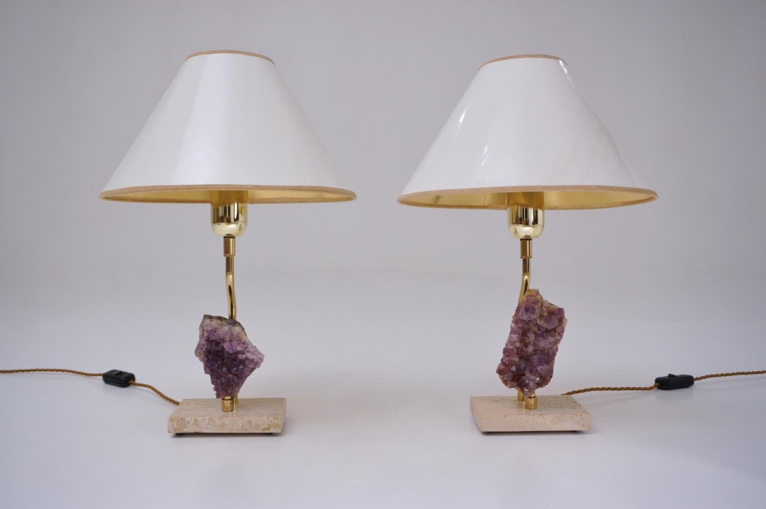 Willy Daro Lamps, a Pair with Brass Frames Holding Amethyst Crystals For Sale 1