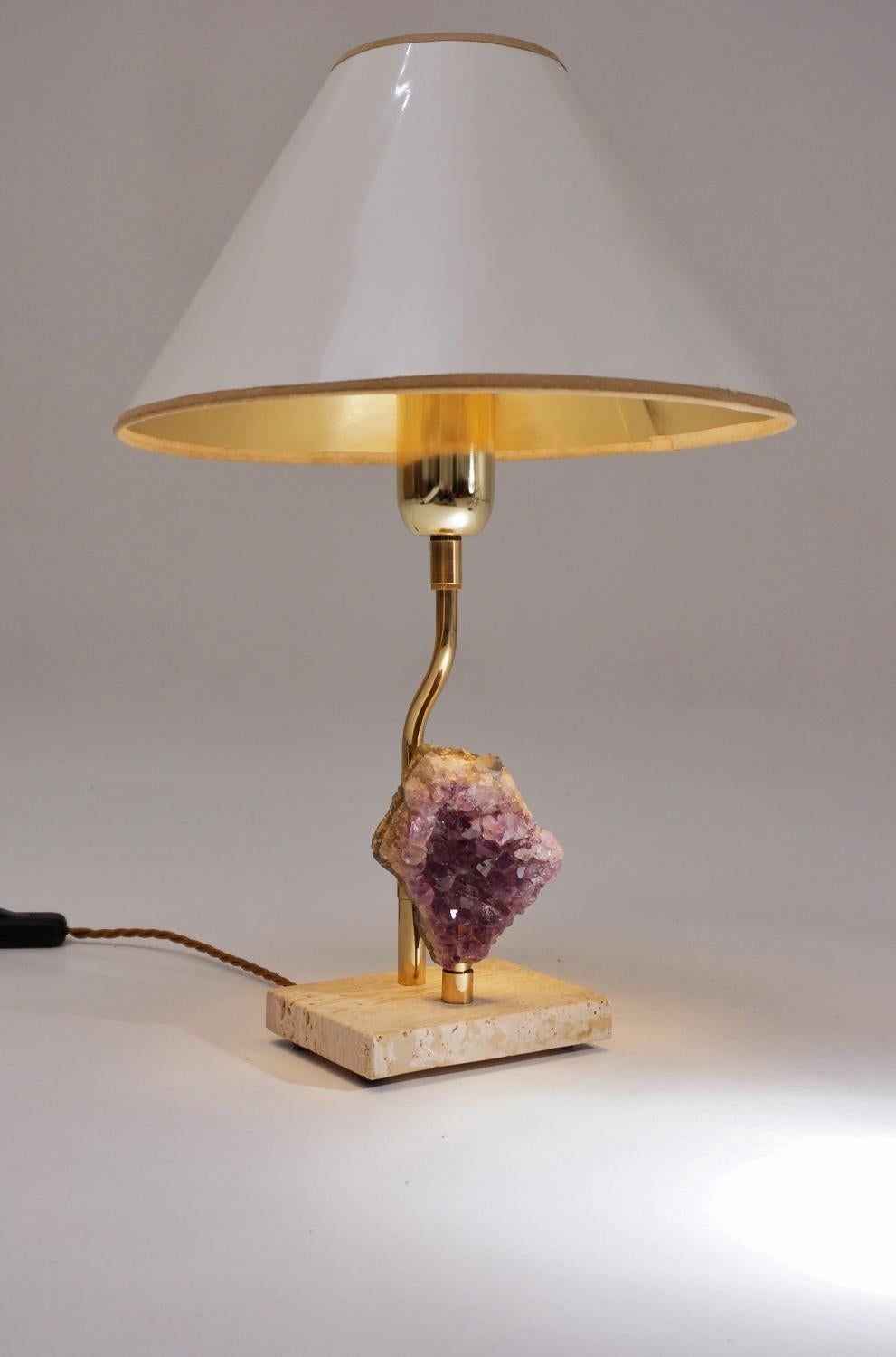 Willy Daro Lamps, a Pair with Brass Frames Holding Amethyst Crystals For Sale 2