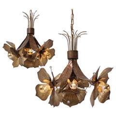 Vintage Willy Daro lights, pair flowers pendants, bronze & Lucite, 1960`s ca, Belgian