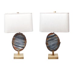 Willy Daro Mid-Century Modern Agate Geode Brass Table Lamps