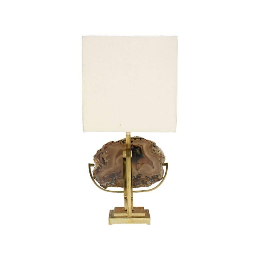 Willy Daro Mid-Century Modern Brass and Agate Stone Belgian Table Lamp In Good Condition In Madrid, ES