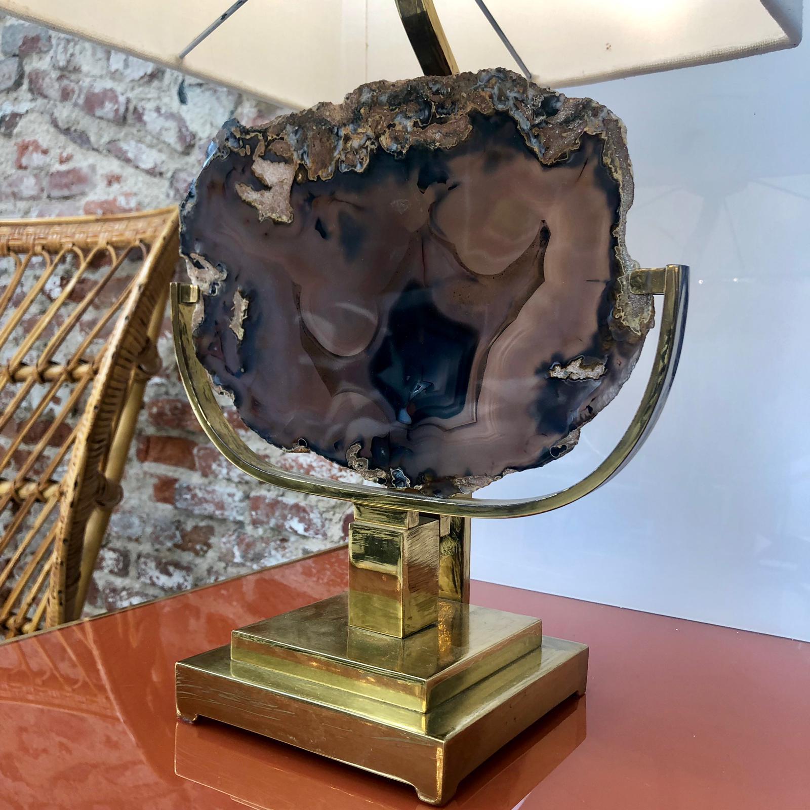 Willy Daro Mid-Century Modern Brass and Agate Stone Belgian Table Lamp 4