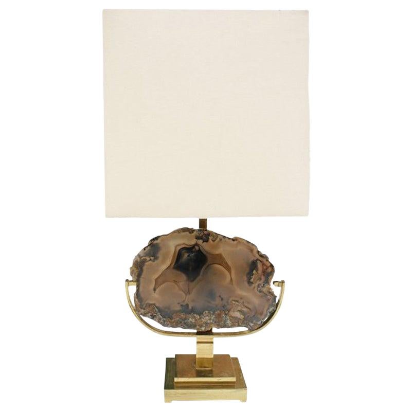 Willy Daro Mid-Century Modern Brass and Agate Stone Belgian Table Lamp