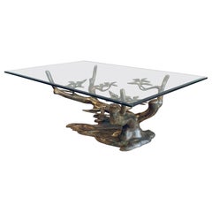 Willy Daro Mid Modern Floral Bonsai Tree Brass and Glass Coffee Table