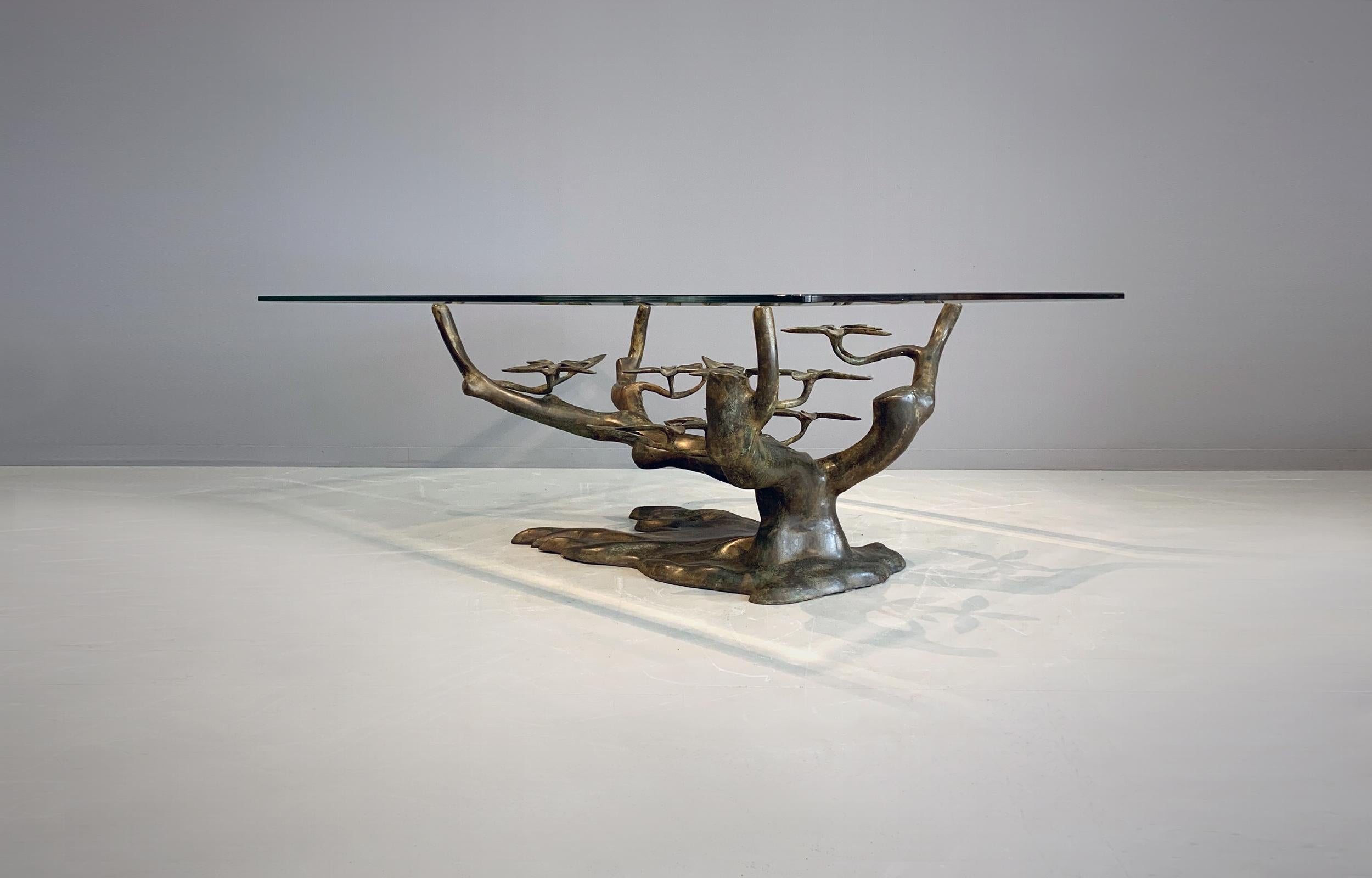 Mid-Century Modern Willy Daro Mid Modern Floral Bonsai Tree Brass and Glass Coffee Table