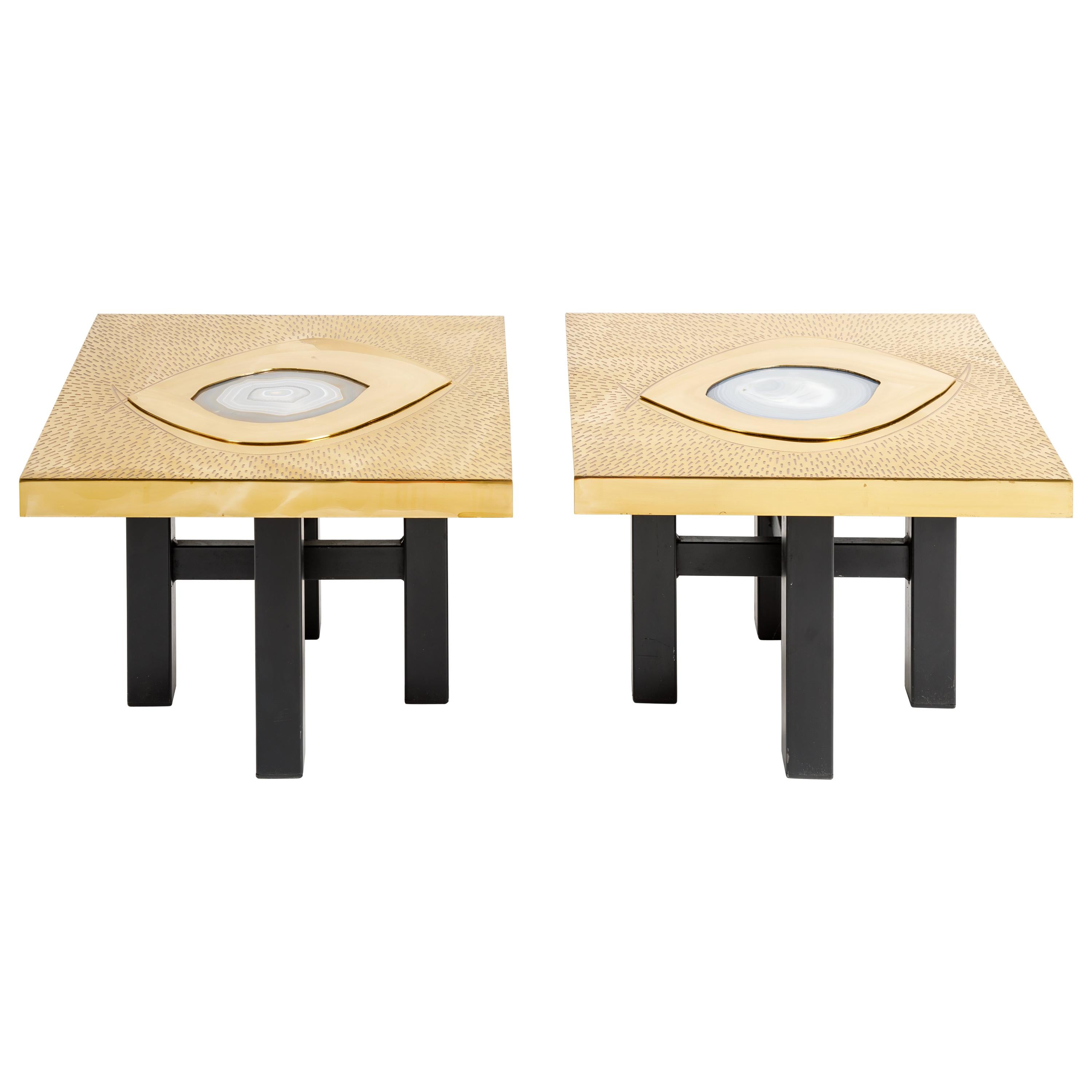 Willy Daro Pair of Brass and Agate Side Tables