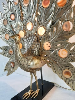 Willy Daro Peacock Brass and Agate Table Lamp Sculpture 1970s, Large Model