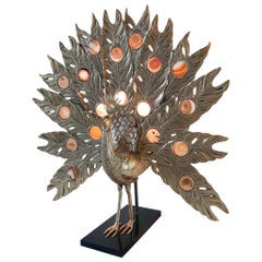 Willy Daro Peacock Brass and Agate Table Lamp Sculpture 1970s, Large Model