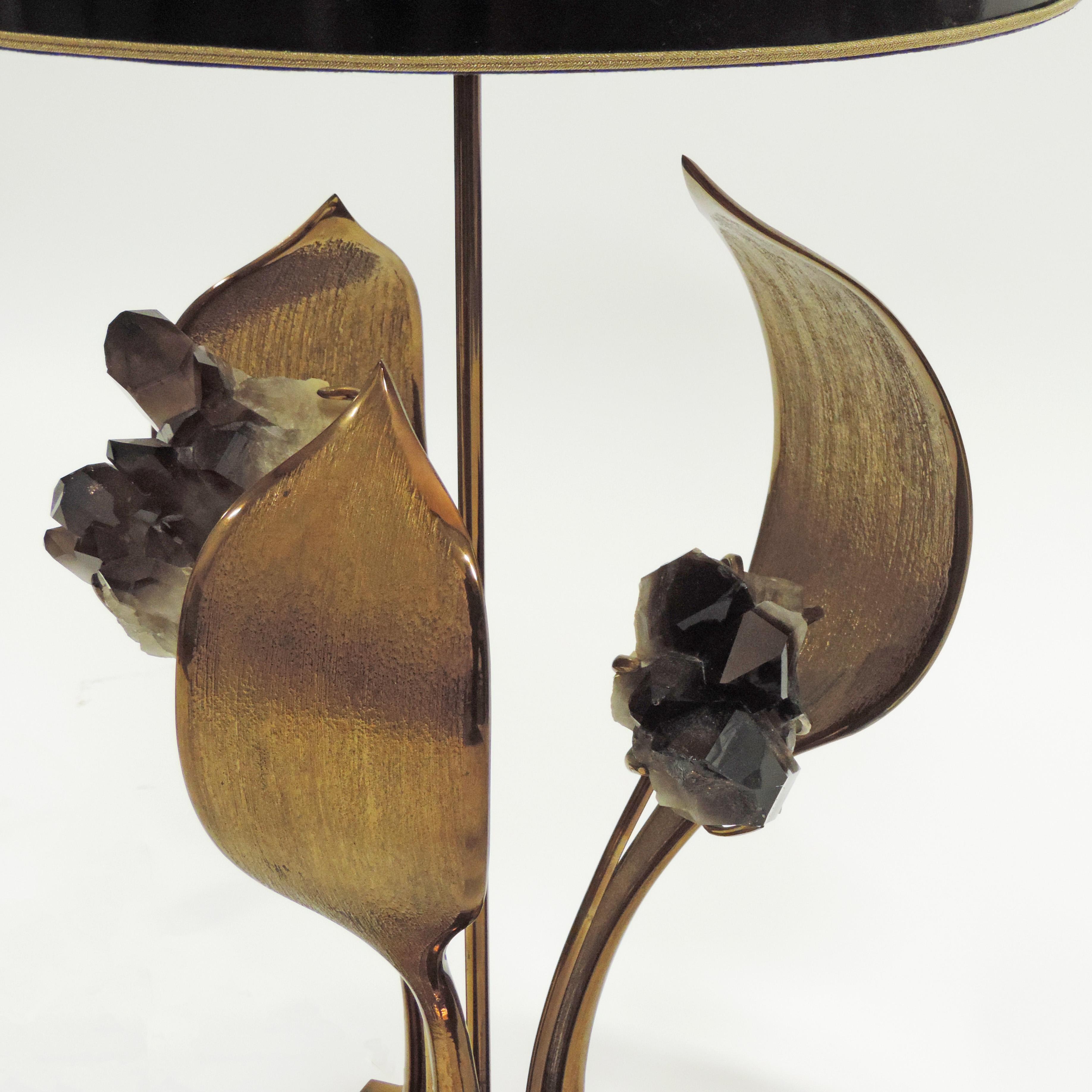 Modern Willy Daro Rock Crystal and Bronze Flower Table Lamp, Belgium, 1970s For Sale