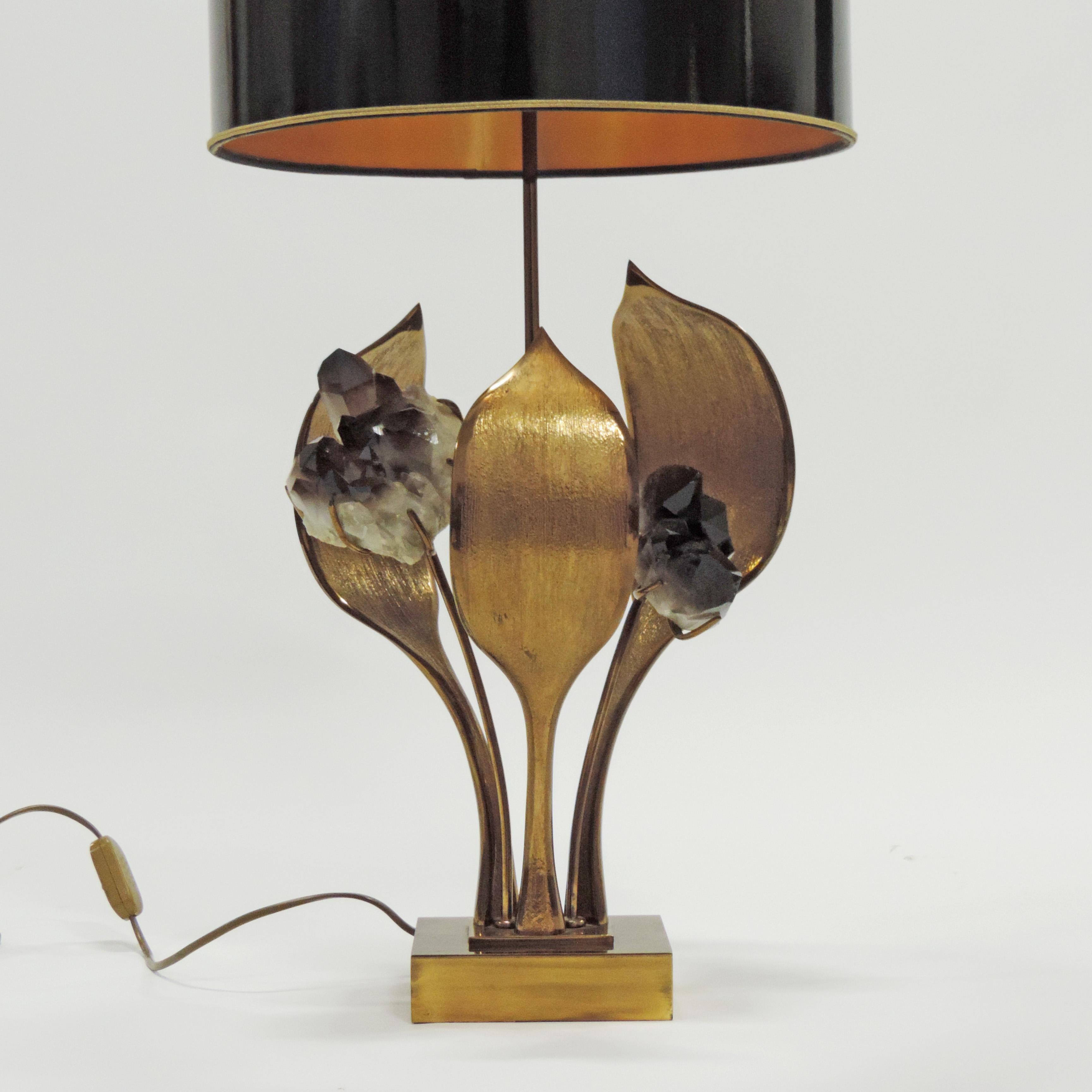 Belgian Willy Daro Rock Crystal and Bronze Flower Table Lamp, Belgium, 1970s For Sale