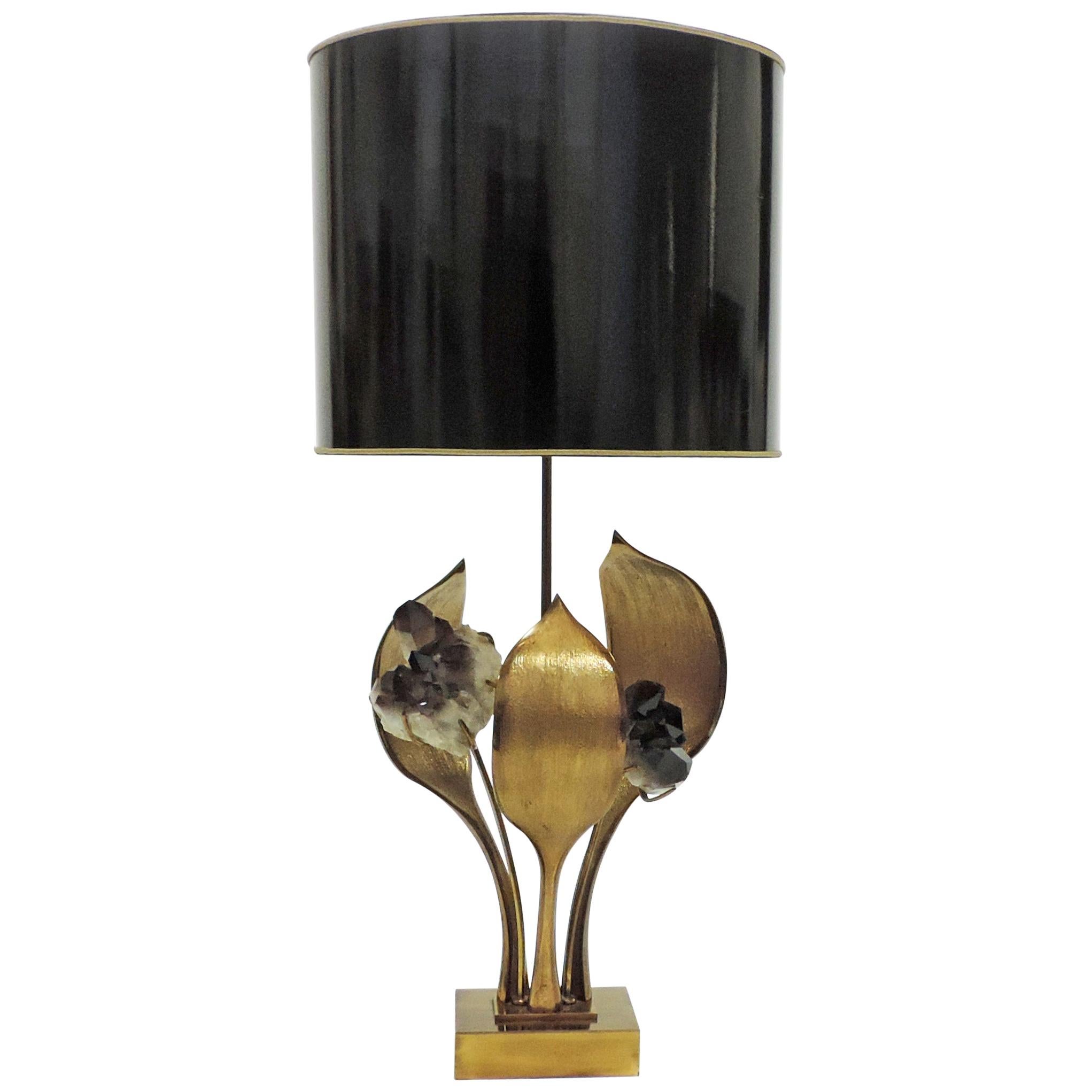 Willy Daro Rock Crystal and Bronze Flower Table Lamp, Belgium, 1970s