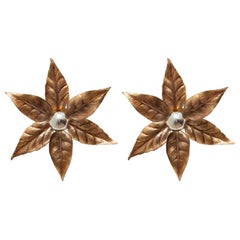 Willy Daro Set of Two Brass Flower Wall Lights, Belgium, 1970s for Massive