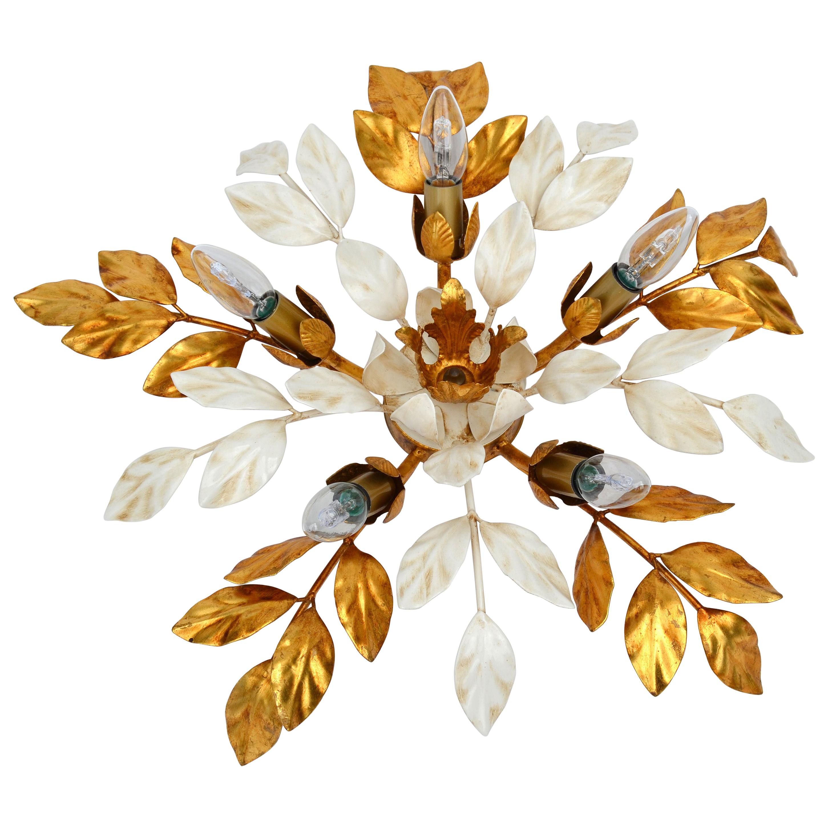 Willy Daro Style Belgium Brass & Enamel Flower Flush Mount in Gold White Finish