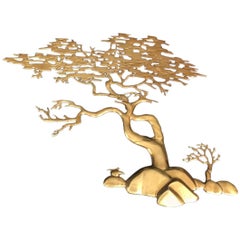 Willy Daro, Unusual Gild Brass Banzai Tree Wall Sculpture, circa 1970