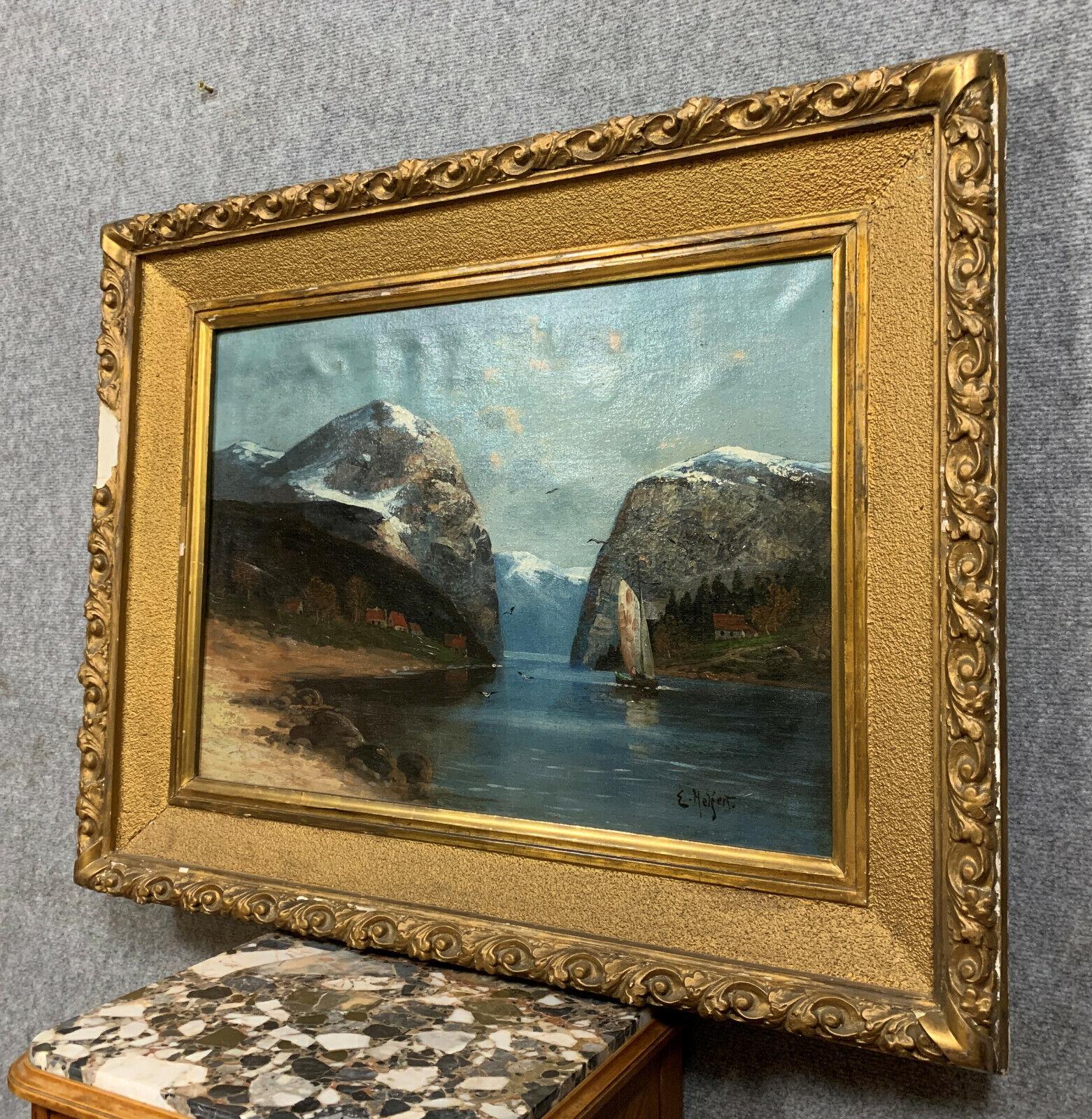 Willy Erik Helfert: Large Oil Painting of Lakeside Landscape with Alpine -1X34 In Good Condition For Sale In Bordeaux, FR