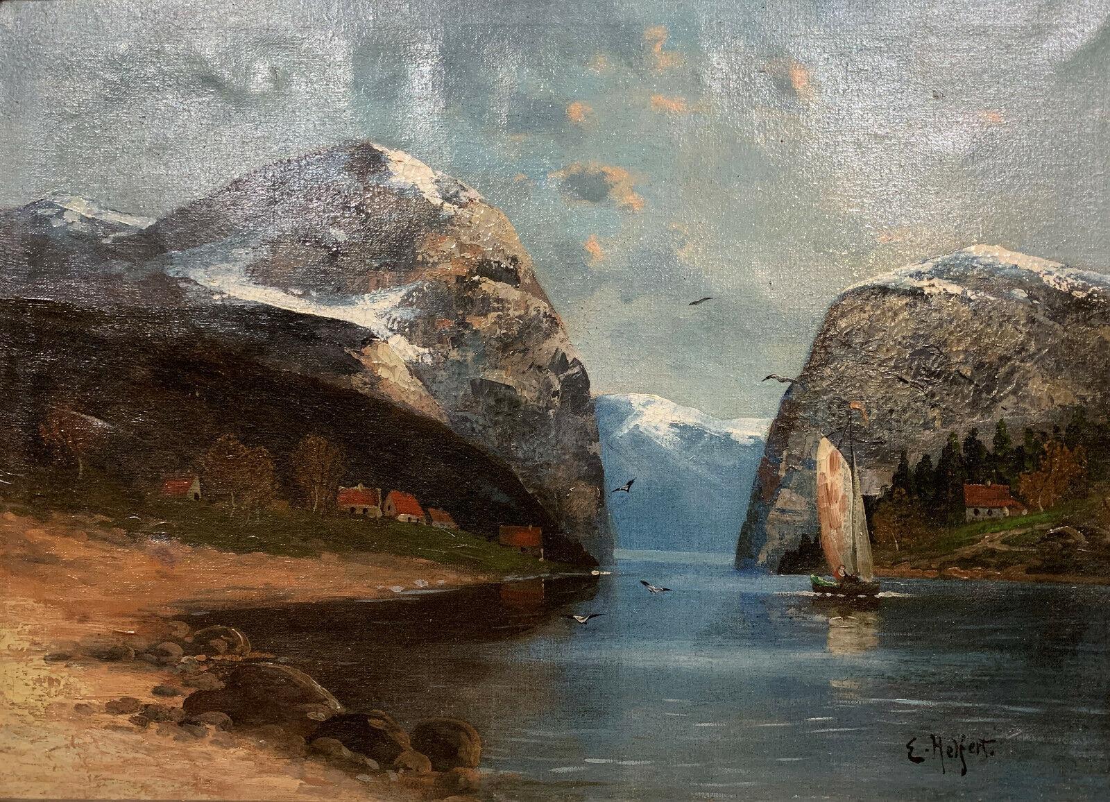 Early 20th Century Willy Erik Helfert: Large Oil Painting of Lakeside Landscape with Alpine -1X34 For Sale