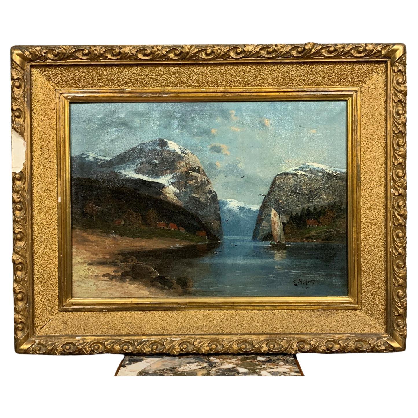 Willy Erik Helfert : grande peinture à l'huile d'un paysage de bord de lac avec des paysages alpins -1X34