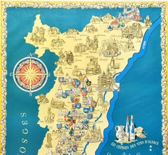 Original Vintage Poster Les Vignobles d'Alsace Vineyards French Wine Map Rhine