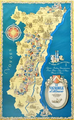 Original Vintage Poster Les Vignobles d'Alsace Vineyards French Wine Map Rhine