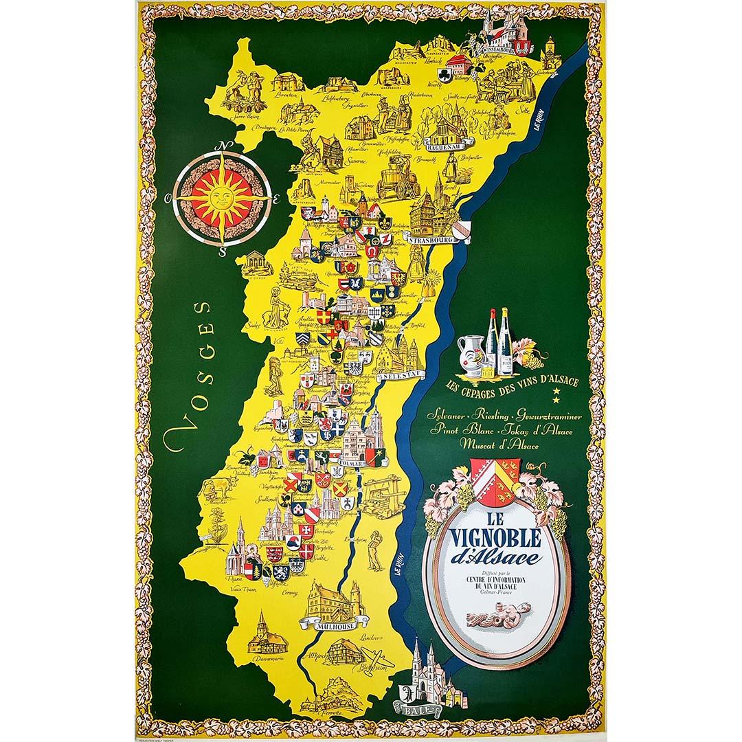 Old advertising poster made by Willy Fisher in the 1950s - Le Vignoble d'Alsace For Sale 1
