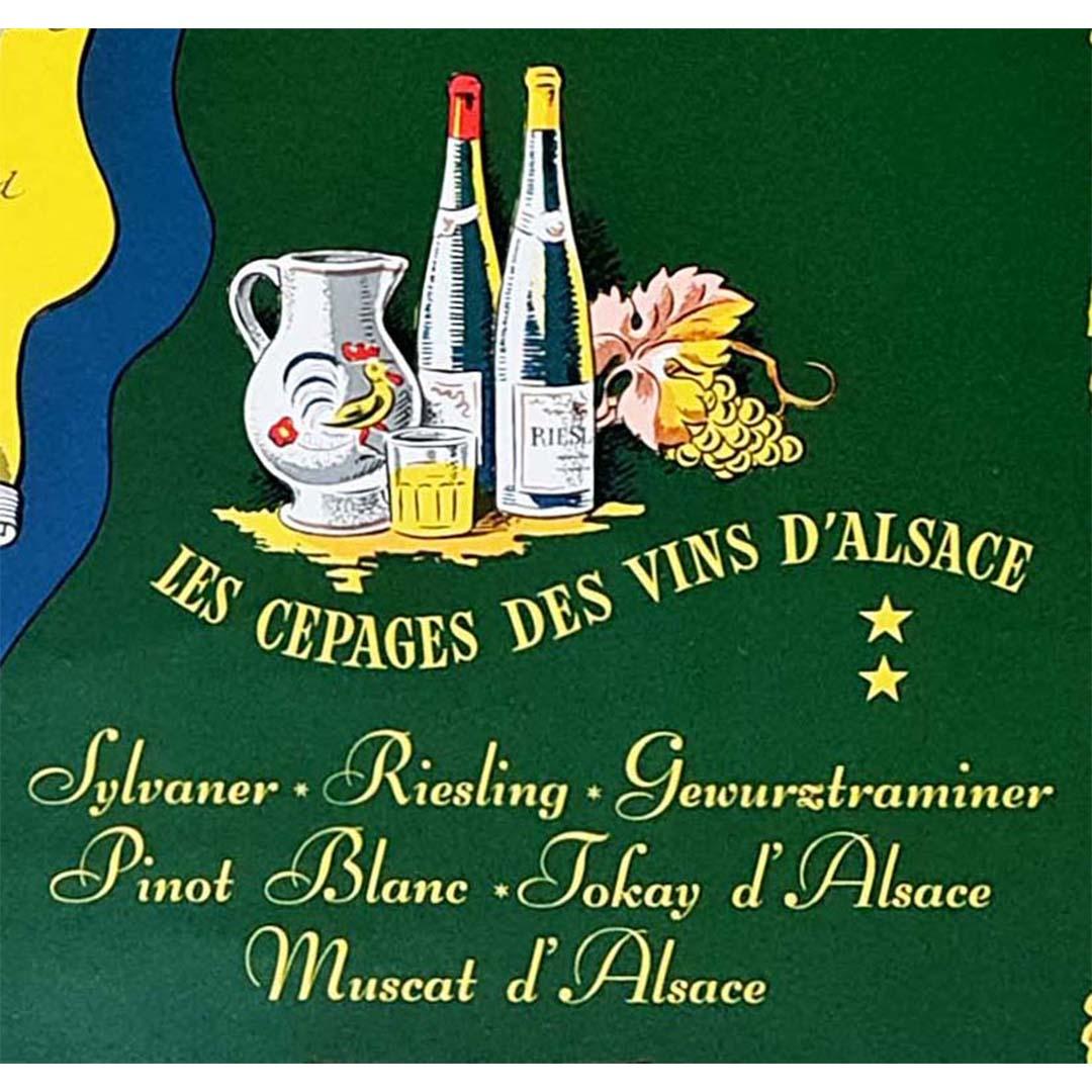 Old advertising poster made by Willy Fisher in the 1950s - Le Vignoble d'Alsace For Sale 2