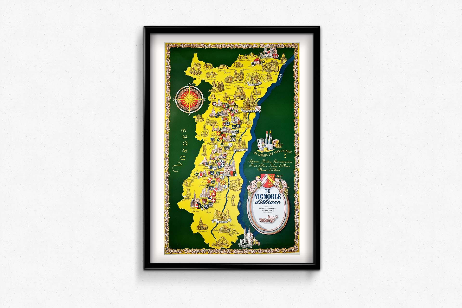 Old advertising poster made by Willy Fisher in the 1950s - Le Vignoble d'Alsace For Sale 3
