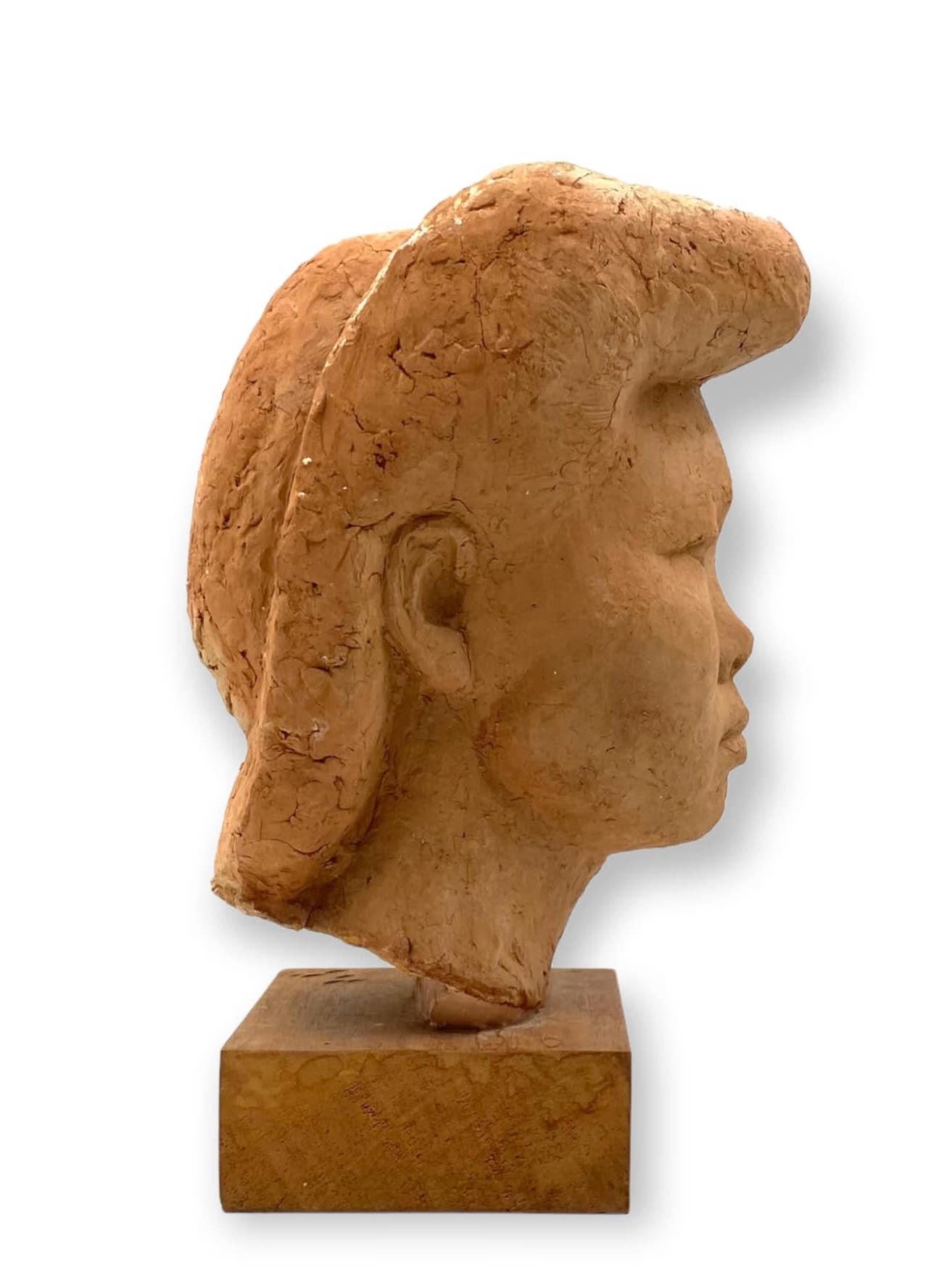 Willy Gordon, Terracotta Japanese Girl Akito Head Sculpture, France, 1940s For Sale 9