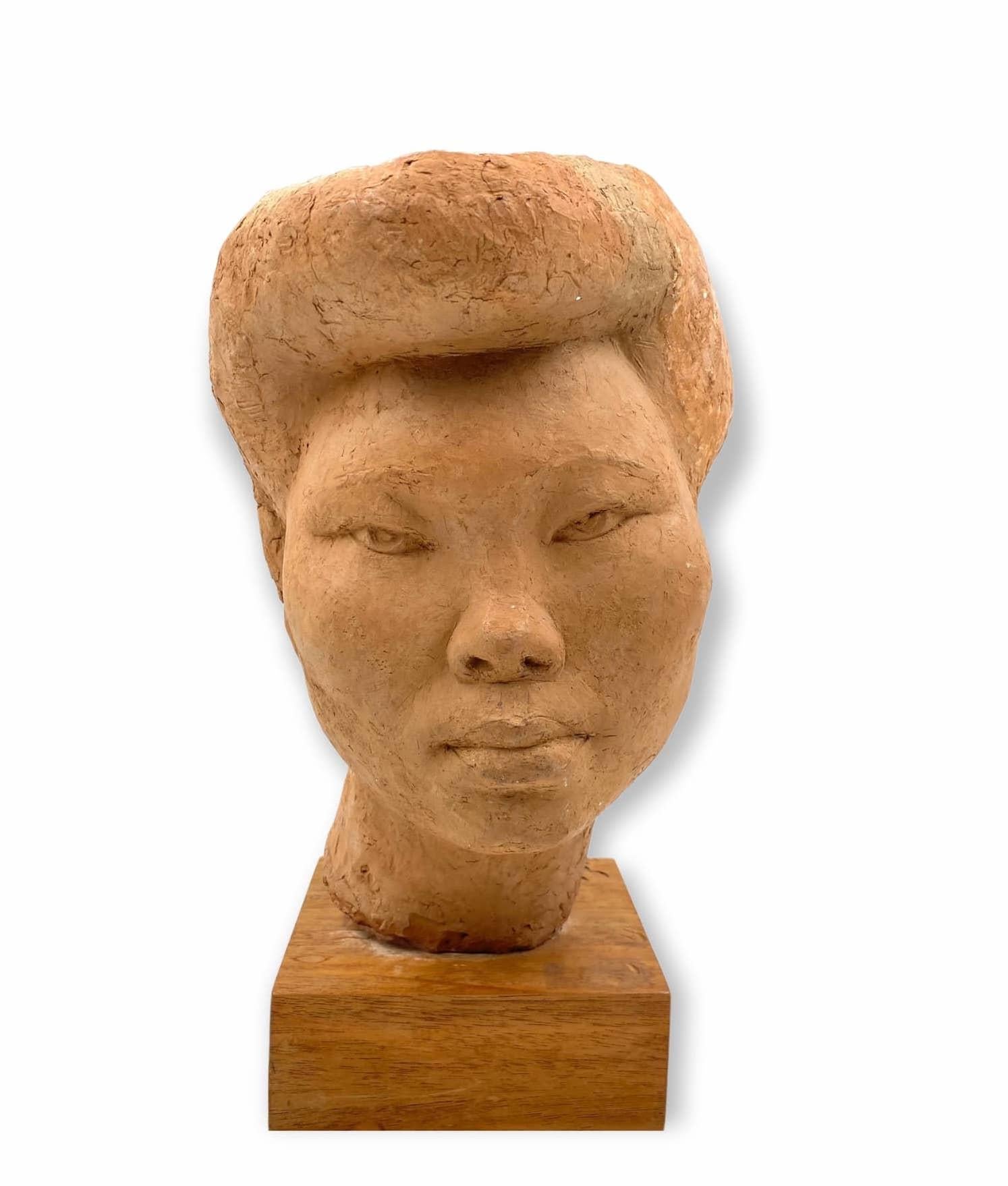 Willy Gordon, Terracotta Japanese Girl Akito Head Sculpture, France, 1940s For Sale 12