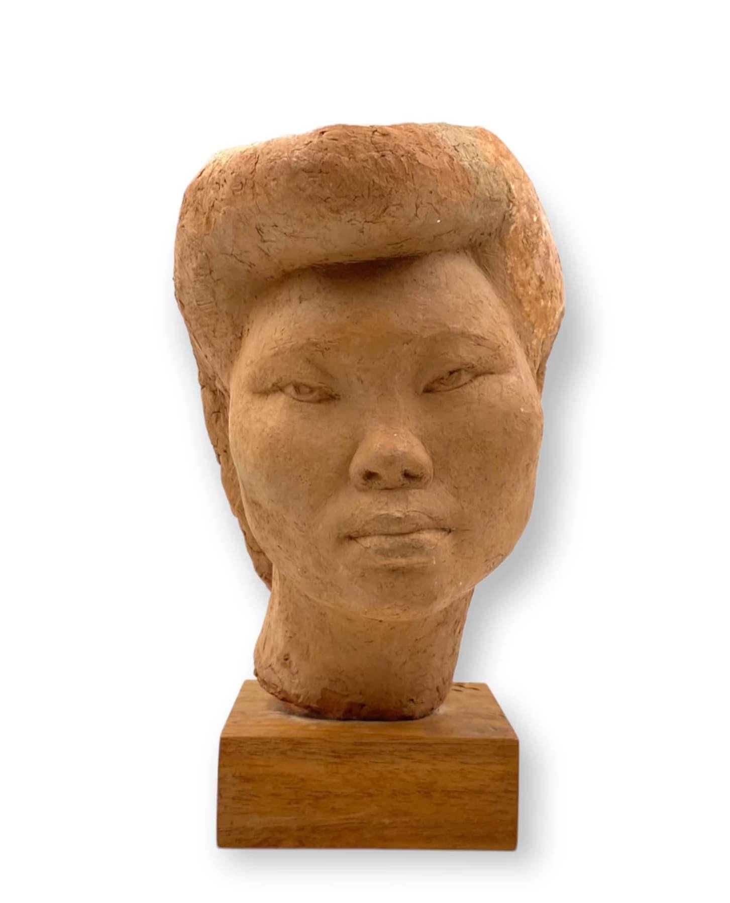 Willy Gordon, Terracotta Japanese Girl Akito Head Sculpture, France, 1940s For Sale 1