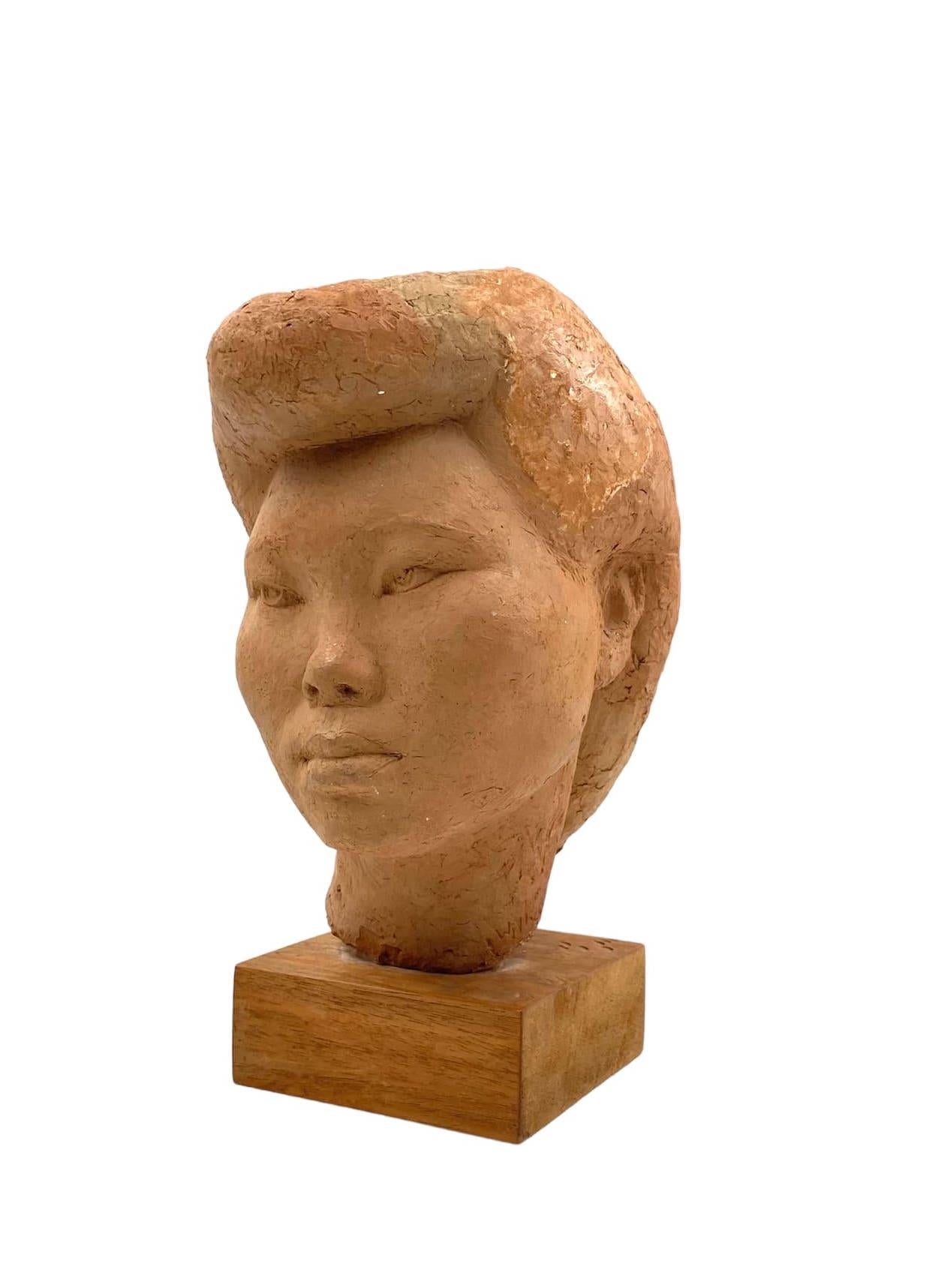 Willy Gordon, Terracotta Japanese Girl Akito Head Sculpture, France, 1940s For Sale 3