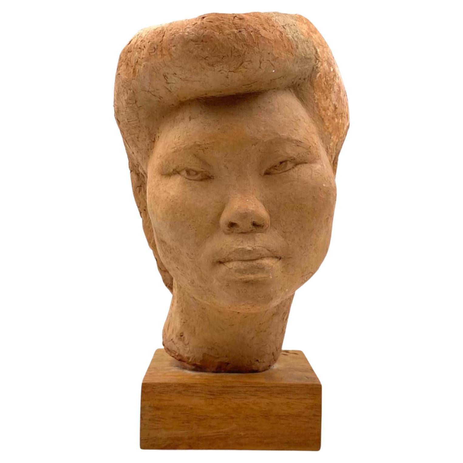 Willy Gordon, Terracotta Japanese Girl Akito Head Sculpture, France, 1940s