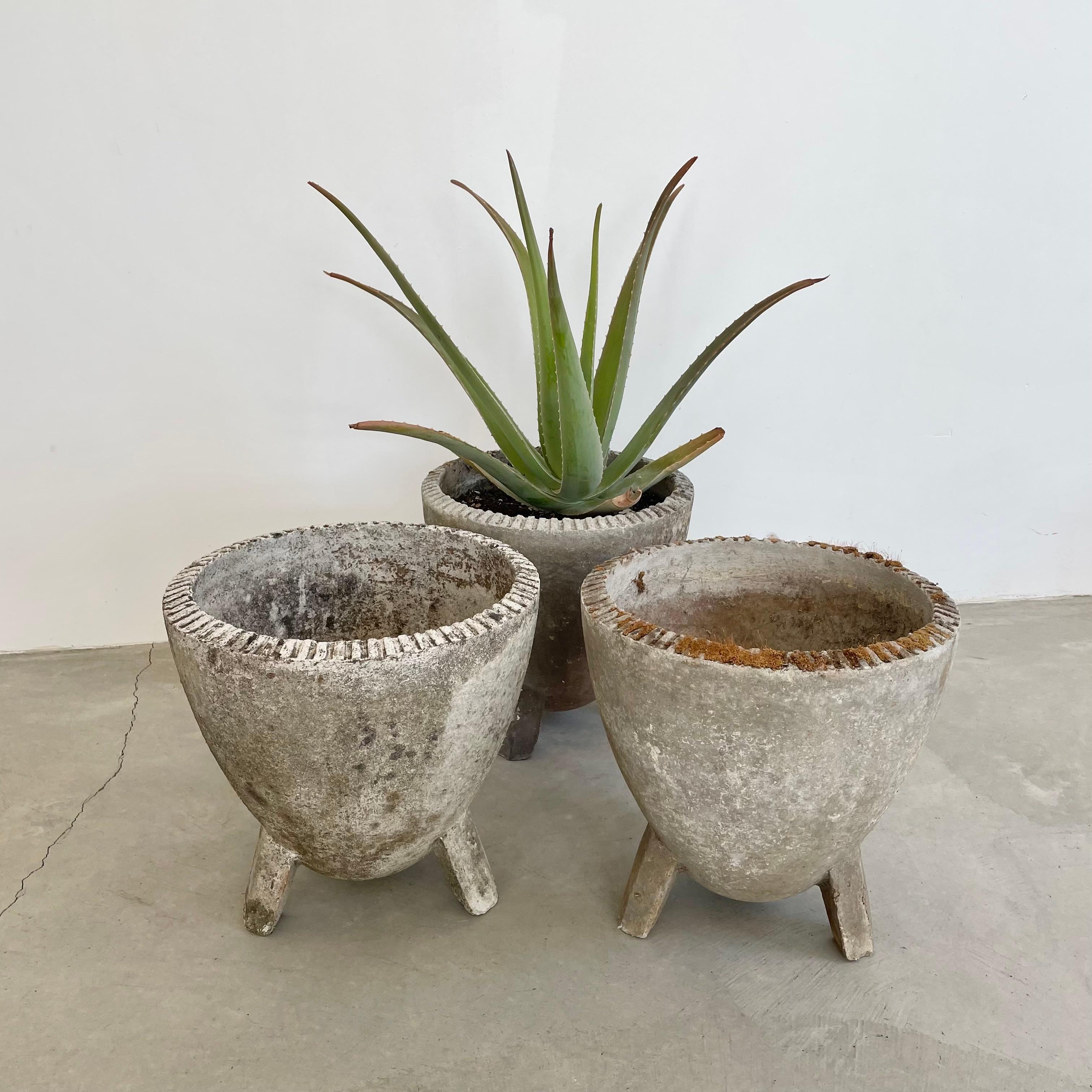 Rare and beautiful atomic concrete planters by Willy Guhl for Eternit. Heightened egg-shaped bowl with a three-legged base. Teeth ridges along the upper rim. Wonderful patina interspersed with moss and lichen. Factory drilled drainage holes at the