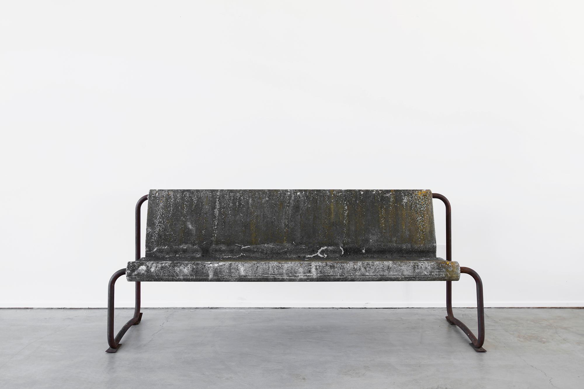 Fantastic concrete floating bench by Swiss Architect Willy Guhl.
Iron frame with great patina throughout.