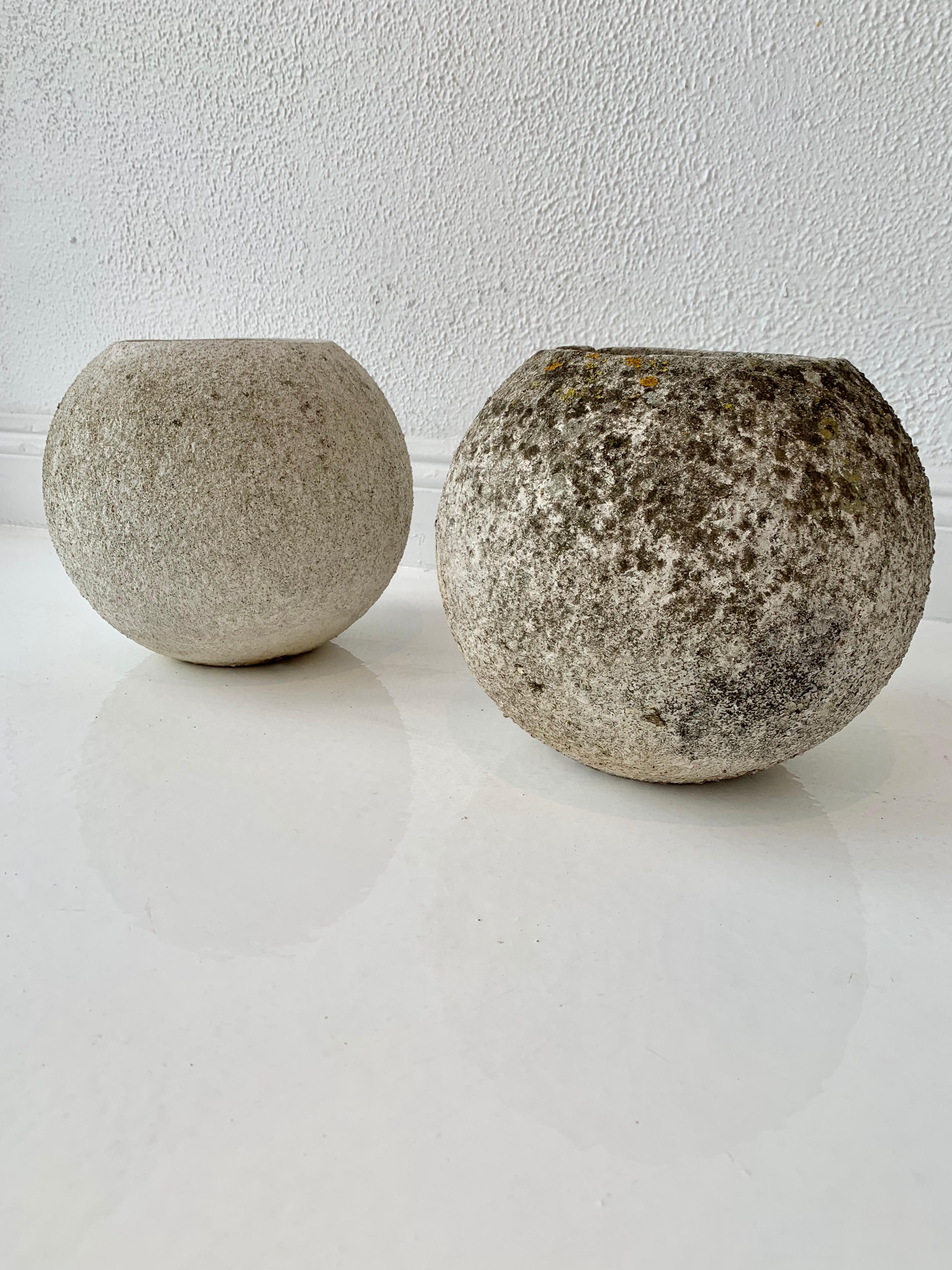 Great set of concrete ball planters by Willy Guhl. Great patina to each planter. Concrete balls are 10.25