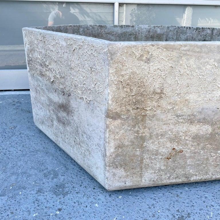 Monumental concrete hexagon planter by Willy Guhl. Handmade in Switzerland. Dated 1986. Powerful presence and patina. Factory drilled drainage holes. Unusual shape. Very good condition. Great lines. Cool piece of outdoor sculpture. Priced